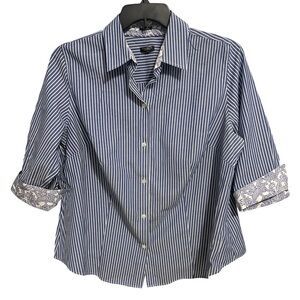TALBOTS petite wrinkle, resistant, striped blue and white button-down shirt.